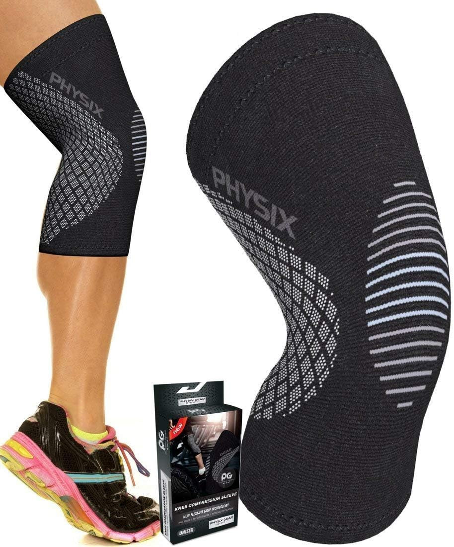 Physix Gear Knee Compression Sleeve for Men & Women - Best Compression Knee Brace for Walking, Running, Gym, Basketball, Weightlifting,Workout, Sports - Knee Sleeves Support Compression & Stability