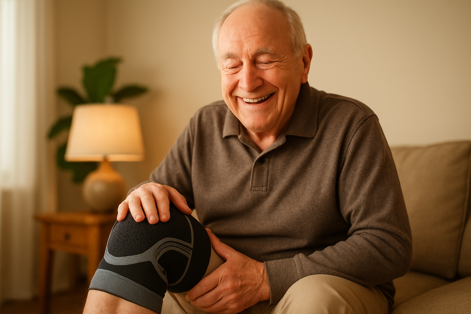 Make an old man smiling relieved from his knee pain with his knee sleeve